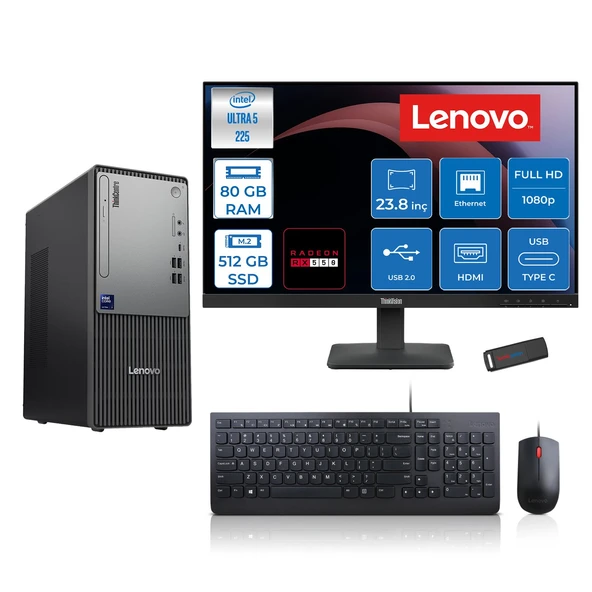 Lenovo Thinkcentre Neo 50T Gen 6 Intel Core Ultra 5 225 Upto 4.9ghz 80GB Ddr5 512GB SSD 4GB/RX550 Freedos +23.8"fhd Monitör Masaüstü Bilgisayar 13BD007UTR2427F27+ZETTAUSBBELLEK ürün görseli 1