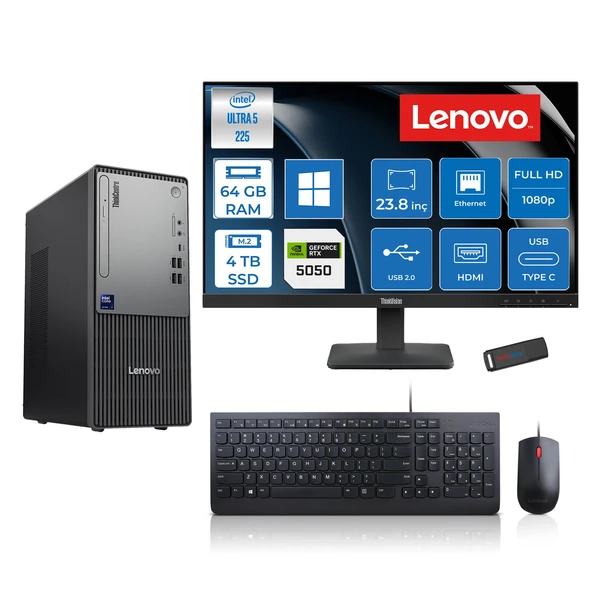 Lenovo Thinkcentre Neo 50T Gen 6 Intel Core Ultra 5 225 Upto 4.9ghz 64GB Ddr5 4tb SSD 8GB/RTX5050 WIN11HOME +23.8"fhd Monitör Masaüstü Bilgisayar 13BD007UTR2424H25+ZETTAUSBBELLEK ürün görseli 1