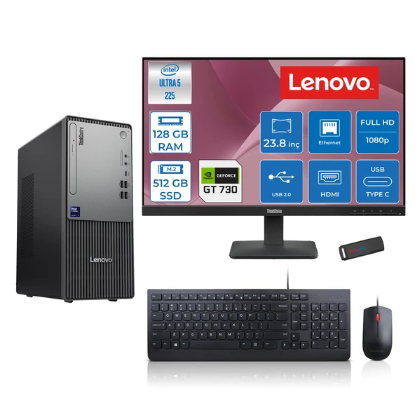 Lenovo Thinkcentre Neo 50T Gen 6 Intel Core Ultra 5 225 Upto 4.9ghz 128GB Ddr5 512GB SSD 4GB/GT730 Freedos +23.8"fhd Monitör Masaüstü Bilgisayar 13BD007UTR2425F37+ZETTAUSBBELLEK ürün görseli 1