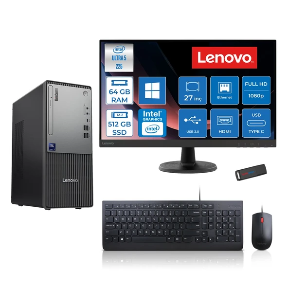 Lenovo Thinkcentre Neo 50T Gen 6 Intel Core Ultra 5 225 Upto 4.9ghz 64GB Ddr5 512GB SSD Intel® UHD Graphics 770 WIN11PRO +27" Fhd Monitör Masaüstü Bilgisayar 13BD007UTR27P22+ZETTAUSBBELLEK ürün görseli 1