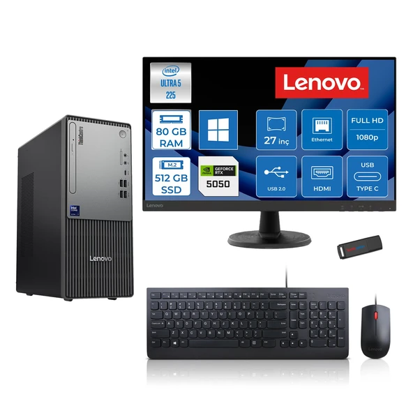 Lenovo Thinkcentre Neo 50T Gen 6 Intel Core Ultra 5 225 Upto 4.9ghz 80GB Ddr5 512GB SSD 8GB/RTX5050 WIN11PRO +27" Fhd Monitör Masaüstü Bilgisayar 13BD007UTR2724P27+ZETTAUSBBELLEK ürün görseli 1