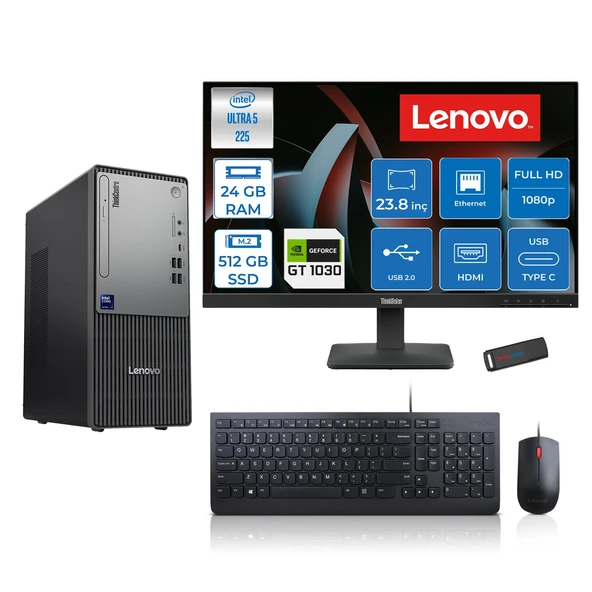 Lenovo Thinkcentre Neo 50T Gen 6 Intel Core Ultra 5 225 Upto 4.9ghz 24GB Ddr5 512GB SSD 4GB/GT1030  Freedos +23.8"fhd Monitör Masaüstü Bilgisayar 13BD007UTR2421F07+ZETTAUSBBELLEK ürün görseli 1
