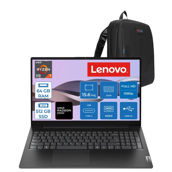 Lenovo V15 G6 Arp Amd Ryzen™ 7 170 64GB Ddr5 512GB SSD Amd Radeon™ 680M Graphics 15.6" Fhd (1920X1080) IPS 300NITS Freedos Taşınabilir Bilgisayar 83V40026TXF22+ZETTAÇANTA ürün görseli 1