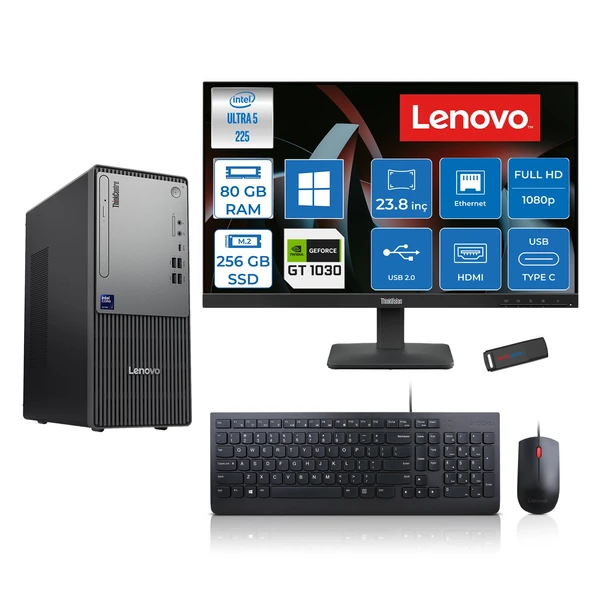 Lenovo Thinkcentre Neo 50T Gen 6 Intel Core Ultra 5 225 Upto 4.9ghz 80GB Ddr5 256GB SSD 4GB/GT1030  WIN11PRO +23.8"fhd Monitör Masaüstü Bilgisayar 13BD007UTR2421P26+ZETTAUSBBELLEK ürün görseli 1