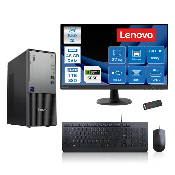 Lenovo Thinkcentre Neo 50T Gen 6 Intel Core Ultra 5 225 Upto 4.9ghz 48GB Ddr5 1tb SSD 8GB/RTX5050 Freedos +27" Fhd Monitör Masaüstü Bilgisayar 13BD007UTR2724F18+ZETTAUSBBELLEK ürün görseli 1