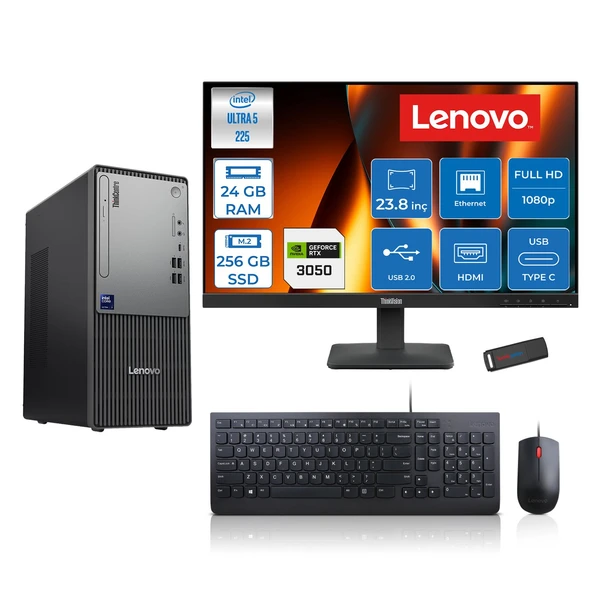 Lenovo Thinkcentre Neo 50T Gen 6 Intel Core Ultra 5 225 Upto 4.9ghz 24GB Ddr5 256GB SSD 6GB/RTX3050 Freedos +23.8"fhd Monitör Masaüstü Bilgisayar 13BD007UTR2423F06+ZETTAUSBBELLEK ürün görseli 1