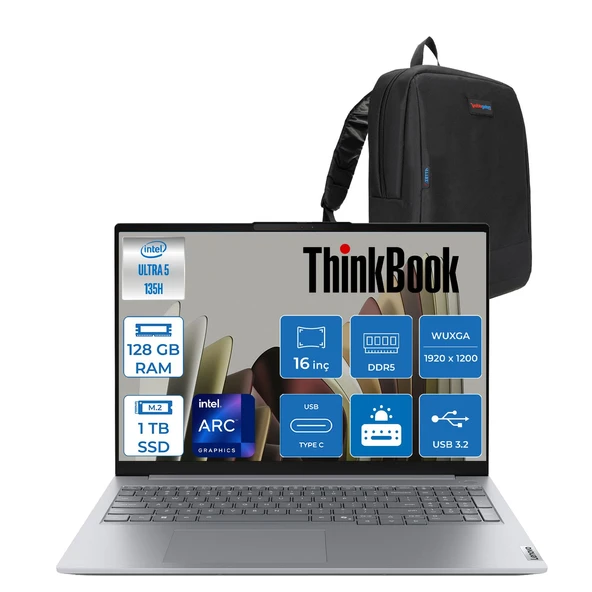 Lenovo Thinkbook 16 G8 Ial Intel Core Ultra 5 135H Aı 128GB Ddr5 1tb SSD  Intel® Arc™ Graphics 16" Wuxga (1920X1200) IPS 300NITS Freedos Bilgisayar 21SK00G8TXF38+ZETTAÇANTA ürün görseli 1