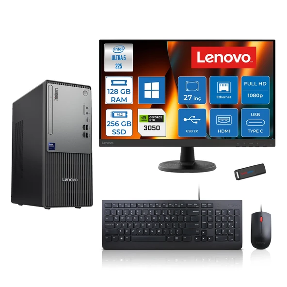 Lenovo Thinkcentre Neo 50T Gen 6 Intel Core Ultra 5 225 Upto 4.9ghz 128GB Ddr5 256GB SSD 6GB/RTX3050 WIN11PRO +27" Fhd Monitör Masaüstü Bilgisayar 13BD007UTR2723P36+ZETTAUSBBELLEK ürün görseli 1