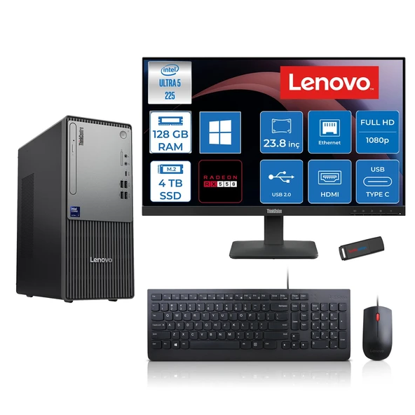 Lenovo Thinkcentre Neo 50T Gen 6 Intel Core Ultra 5 225 Upto 4.9ghz 128GB Ddr5 4tb SSD 4GB/RX550 WIN11PRO +23.8"fhd Monitör Masaüstü Bilgisayar 13BD007UTR2427P40+ZETTAUSBBELLEK ürün görseli 1