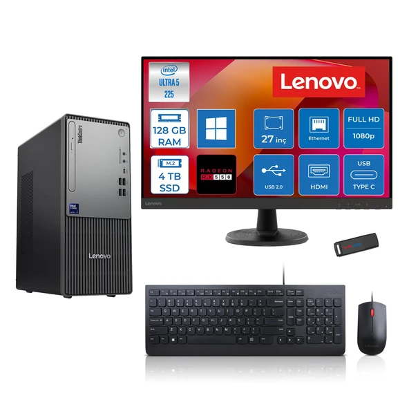 Lenovo Thinkcentre Neo 50T Gen 6 Intel Core Ultra 5 225 Upto 4.9ghz 128GB Ddr5 4tb SSD 4GB/RX550 WIN11PRO +27" Fhd Monitör Masaüstü Bilgisayar 13BD007UTR2727P40+ZETTAUSBBELLEK ürün görseli 1