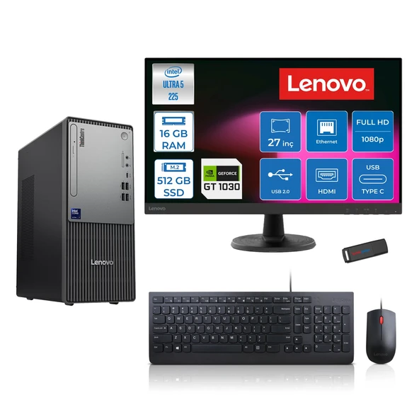 Lenovo Thinkcentre Neo 50T Gen 6 Intel Core Ultra 5 225 Upto 4.9ghz 16GB Ddr5 512GB SSD 4GB/GT1030  Freedos +27" Fhd Monitör Masaüstü Bilgisayar 13BD007UTR2721F02+ZETTAUSBBELLEK ürün görseli 1