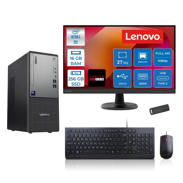 Lenovo Thinkcentre Neo 50T Gen 6 Intel Core Ultra 5 225 Upto 4.9ghz 16GB Ddr5 256GB SSD 4GB/RX550 Freedos +27" Fhd Monitör Masaüstü Bilgisayar 13BD007UTR2727F01+ZETTAUSBBELLEK ürün görseli 1