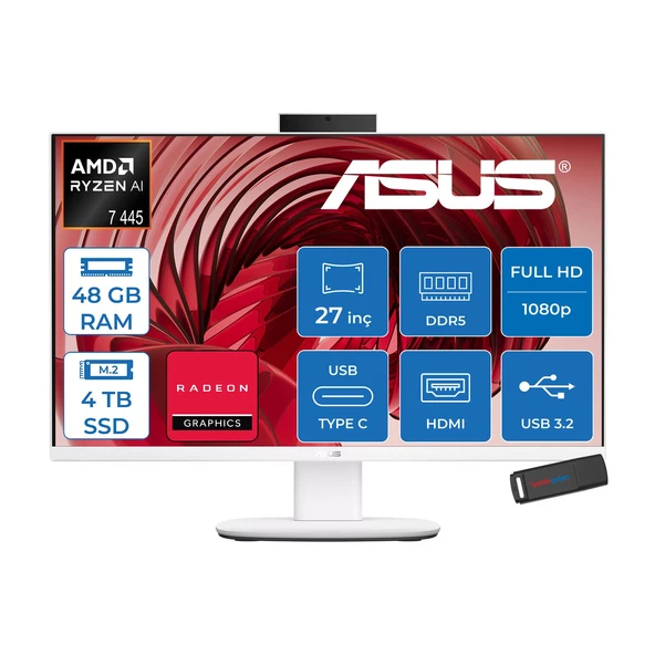Asus Expertcenter V600 Aio (VM670GA) Amd Ryzen™aı 7 445 Upto 4.6ghz 48GB Ddr5 4tb SSD Amd Radeon™ 840M 27"fhd 300NITS Srgb: 100% Freedos Allınone Bilgisayar VM670GA350F20+ZETTAUSBBELLEK ürün görseli 1