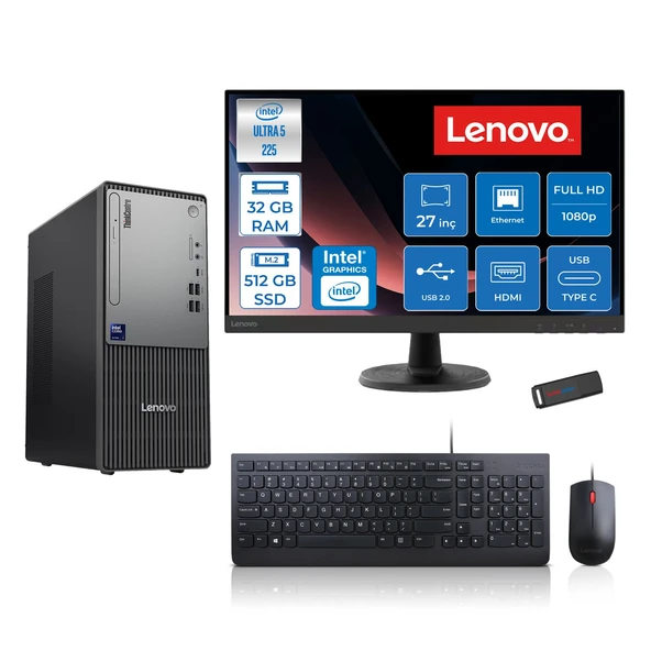 Lenovo Thinkcentre Neo 50T Gen 6 Intel Core Ultra 5 225 Upto 4.9ghz 32GB Ddr5 512GB SSD Intel® UHD Graphics 770 Freedos +27" Fhd Monitör Masaüstü Bilgisayar 13BD007UTR27F12+ZETTAUSBBELLEK ürün görseli 1