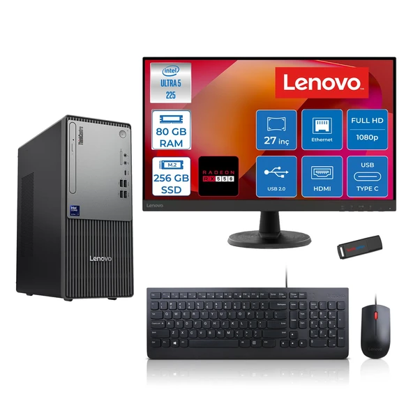 Lenovo Thinkcentre Neo 50T Gen 6 Intel Core Ultra 5 225 Upto 4.9ghz 80GB Ddr5 256GB SSD 4GB/RX550 Freedos +27" Fhd Monitör Masaüstü Bilgisayar 13BD007UTR2727F26+ZETTAUSBBELLEK ürün görseli 1