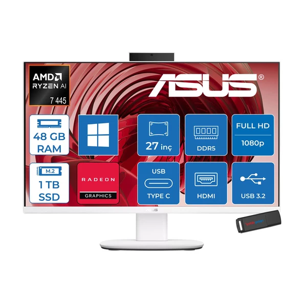 Asus Expertcenter V600 Aio (VM670GA) Amd Ryzen™aı 7 445 Upto 4.6ghz 48GB Ddr5 1tb SSD Amd Radeon™ 840M 27"fhd 300NITS Srgb: 100% WIN11PRO Allınone Bilgisayar VM670GA350P18+ZETTAUSBBELLEK ürün görseli 1