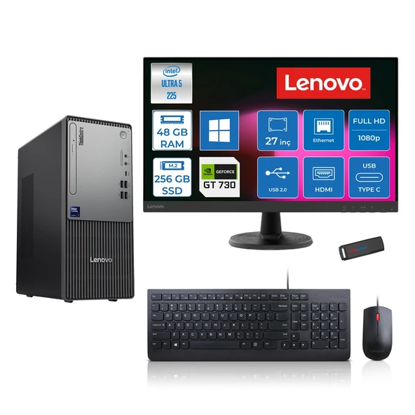 Lenovo Thinkcentre Neo 50T Gen 6 Intel Core Ultra 5 225 Upto 4.9ghz 48GB Ddr5 256GB SSD 4GB/GT730 WIN11HOME +27" Fhd Monitör Masaüstü Bilgisayar 13BD007UTR2725H16+ZETTAUSBBELLEK ürün görseli 1