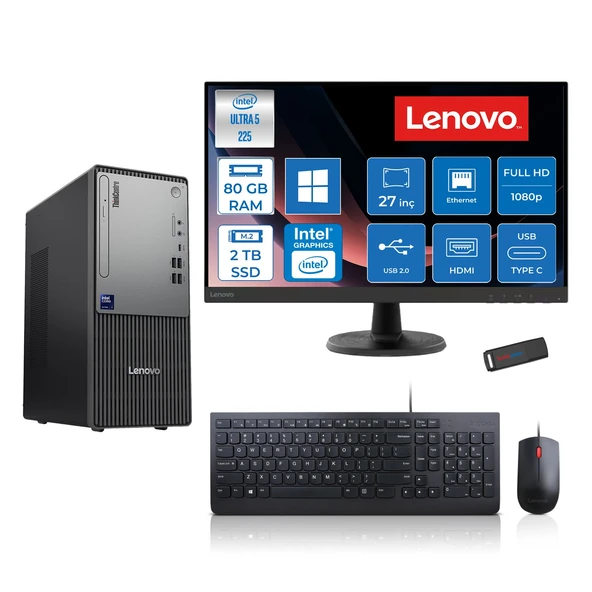 Lenovo Thinkcentre Neo 50T Gen 6 Intel Core Ultra 5 225 Upto 4.9ghz 80GB Ddr5 2tb SSD Intel® UHD Graphics 770 WIN11HOME +27" Fhd Monitör Masaüstü Bilgisayar 13BD007UTR27H29+ZETTAUSBBELLEK ürün görseli 1