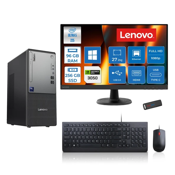 Lenovo Thinkcentre Neo 50T Gen 6 Intel Core Ultra 5 225 Upto 4.9ghz 96GB Ddr5 256GB SSD 6GB/RTX3050 WIN11HOME +27" Fhd Monitör Masaüstü Bilgisayar 13BD007UTR2723H31+ZETTAUSBBELLEK ürün görseli 1