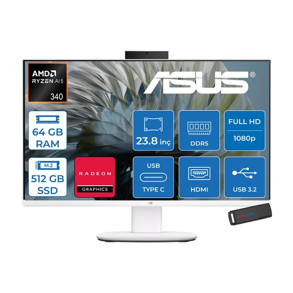 Asus Expertcenter V600 Aio (VM640GA) Amd Ryzen™aı 5 430 Upto 4.5ghz 64GB Ddr5 512GB SSD Amd Radeon™ 840M 24"fhd 300NITS Srgb: 100% Freedos Allınone Bilgisayar VM640GA350F22+ZETTAUSBBELLEK ürün görseli 1