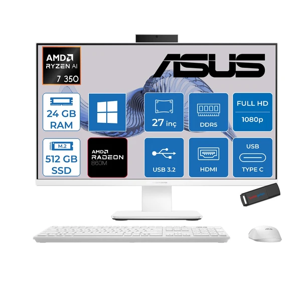 Asus Expertcenter P600 Aio (PM670KA) Amd Ryzen™aı 7 350 Upto 5.0ghz 24GB Ddr5 512GB SSD Amd Radeon™ 860M 27"fhd (1920 x 1080)SRGB: 100% WIN11HOME Allınone Bilgisayar PM670KA350H07+ZETTAUSBBELLEK ürün görseli 1