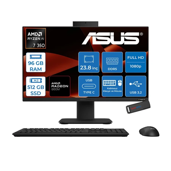 Asus Expertcenter P600 Aio (PM640KA) Amd Ryzen™aı 7 350 Upto 5.0ghz 96GB Ddr5 512GB SSD Amd Radeon™ 860M 23.8"fhd (1920 x 1080)SRGB: 100% Freedos Allınone Bilgisayar PM640KA350F32+ZETTAUSBBELLEK ürün görseli 1
