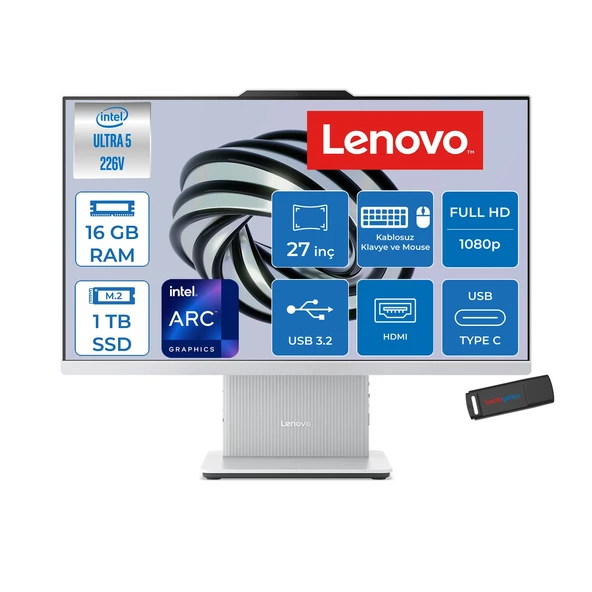 Lenovo Ideacentre Aıo 27ILL11 Intel Core Ultra 5 226V Up 4.5ghz 16GB Ddr5 1tb SSD Arc™ Graphics 130V 27" Fhd IPS 300NITS Anti-Glare, 99% Srgb Freedos Allınone Bilgisayar F0JW000YTRF03+ZETTAUSBBELLEK ürün görseli 1