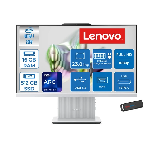 Lenovo Ideacentre Aıo 24ILL11 Intel Core Ultra 7 256V Up 4.8ghz 16GB Ddr5 512GB SSD Arc™ Graphics 140V 23.8" Fhd 100Hz IPS  99% Srgb Freedos Allınone Bilgisayar F0JY001ATRF02+ZETTAUSBBELLEK ürün görseli 1