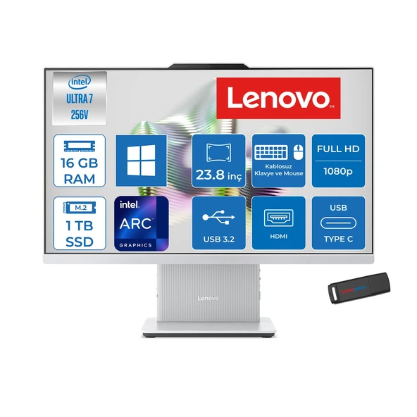 Lenovo Ideacentre Aıo 24ILL11 Intel Core Ultra 7 256V Up 4.8ghz 16GB Ddr5 1tb SSD Arc™ Graphics 140V 23.8" Fhd 100Hz IPS  99% Srgb WIN11HOME Allınone Bilgisayar F0JY001ATRH03+ZETTAUSBBELLEK ürün görseli 1