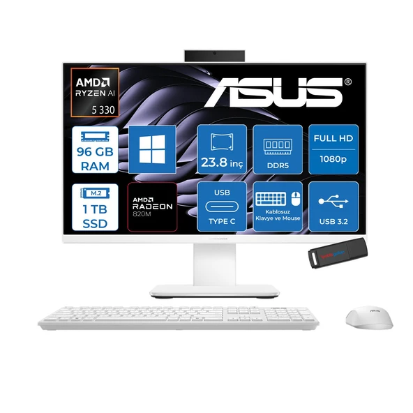 Asus Expertcenter P600 Aio (PM640KA) Amd Ryzen™aı 5 330 Upto 4.5 Ghz 96GB Ddr5 1tb SSD Amd Radeon™ 820M 23.8 Fhd (1920 x 1080)SRGB: 100% WIN11PRO Allınone Bilgisayar PM640KA330P33+ZETTAUSBBELLEK ürün görseli 1