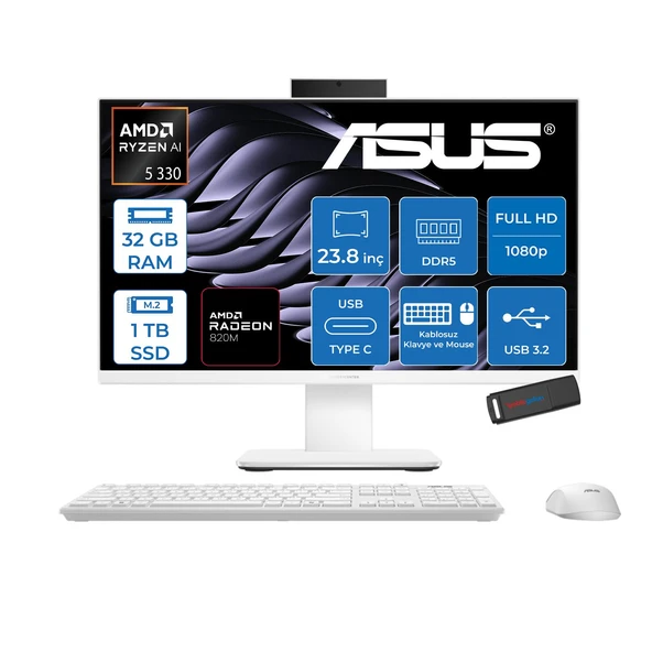 Asus Expertcenter P600 Aio (PM640KA) Amd Ryzen™aı 5 330 Upto 4.5 Ghz 32GB Ddr5 1tb SSD Amd Radeon™ 820M 23.8 Fhd (1920 x 1080)SRGB: 100% Freedos Allınone Bilgisayar PM640KA330F13+ZETTAUSBBELLEK ürün görseli 1