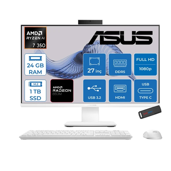 Asus Expertcenter P600 Aio (PM670KA) Amd Ryzen™aı 7 350 Upto 5.0ghz 24GB Ddr5 1tb SSD Amd Radeon™ 860M 27"fhd (1920 x 1080)SRGB: 100% Freedos Allınone Bilgisayar PM670KA350F08+ZETTAUSBBELLEK ürün görseli 1