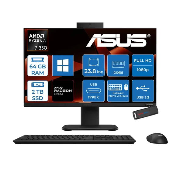 Asus Expertcenter P600 Aio (PM640KA) Amd Ryzen™aı 7 350 Upto 5.0ghz 64GB Ddr5 2tb SSD Amd Radeon™ 860M 23.8"fhd (1920 x 1080)SRGB: 100% WIN11HOME Allınone Bilgisayar PM640KA350H24+ZETTAUSBBELLEK ürün görseli 1