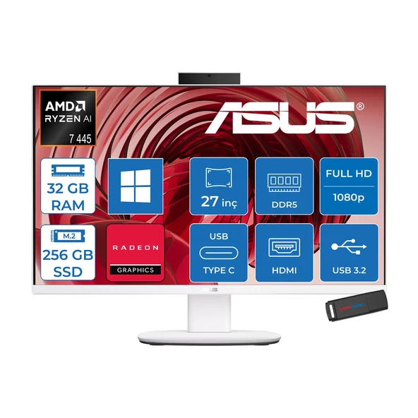 Asus Expertcenter V600 Aio (VM670GA) Amd Ryzen™aı 7 445 Upto 4.6ghz 32GB Ddr5 256GB SSD Amd Radeon™ 840M 27"fhd 300NITS Srgb: 100% WIN11HOME Allınone Bilgisayar VM670GA350H11+ZETTAUSBBELLEK ürün görseli 1