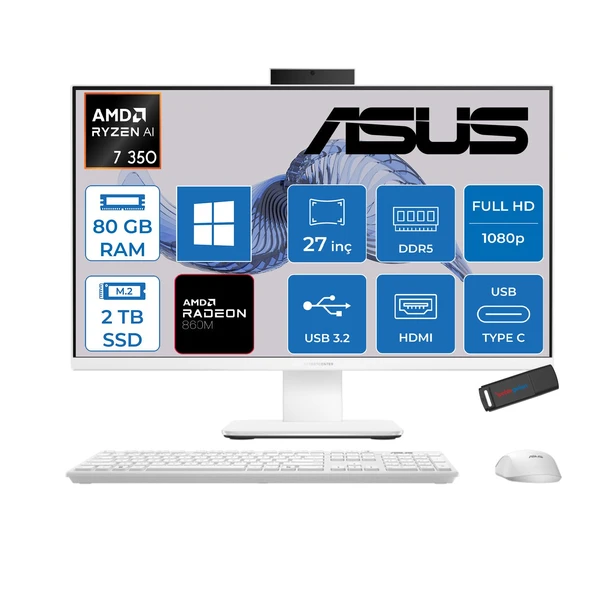 Asus Expertcenter P600 Aio (PM670KA) Amd Ryzen™aı 7 350 Upto 5.0ghz 80GB Ddr5 2tb SSD Amd Radeon™ 860M 27"fhd (1920 x 1080)SRGB: 100% WIN11PRO Allınone Bilgisayar PM670KA350P29+ZETTAUSBBELLEK ürün görseli 1