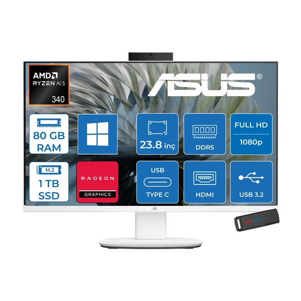 Asus Expertcenter V600 Aio (VM640GA) Amd Ryzen™aı 5 430 Upto 4.5ghz 80GB Ddr5 1tb SSD Amd Radeon™ 840M 24"fhd 300NITS Srgb: 100% WIN11HOME Allınone Bilgisayar VM640GA350H28+ZETTAUSBBELLEK ürün görseli 1