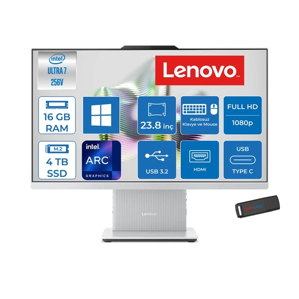Lenovo Ideacentre Aıo 24ILL11 Intel Core Ultra 7 256V Up 4.8ghz 16GB Ddr5 4tb SSD Arc™ Graphics 140V 23.8" Fhd 100Hz IPS  99% Srgb WIN11HOME Allınone Bilgisayar F0JY001ATRH05+ZETTAUSBBELLEK ürün görseli 1