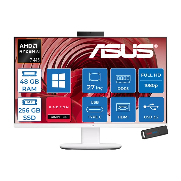 Asus Expertcenter V600 Aio (VM670GA) Amd Ryzen™aı 7 445 Upto 4.6ghz 48GB Ddr5 256GB SSD Amd Radeon™ 840M 27"fhd 300NITS Srgb: 100% WIN11PRO Allınone Bilgisayar VM670GA350P16+ZETTAUSBBELLEK ürün görseli 1