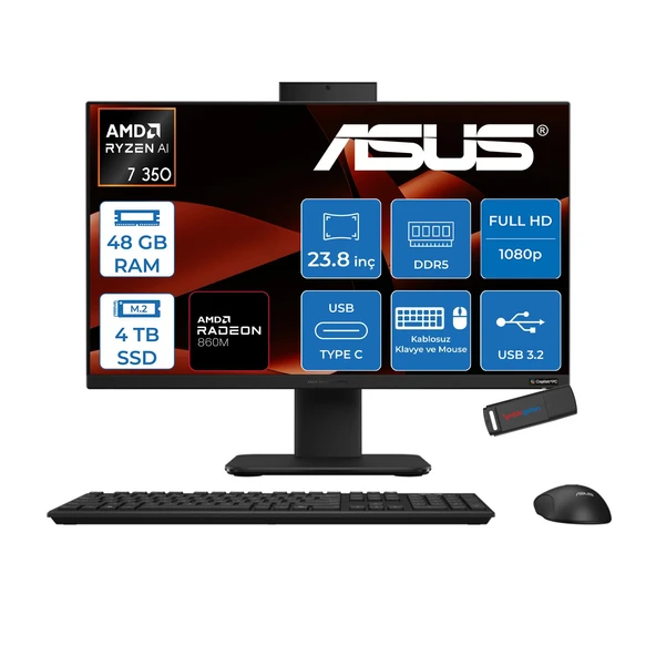 Asus Expertcenter P600 Aio (PM640KA) Amd Ryzen™aı 7 350 Upto 5.0ghz 48GB Ddr5 4tb SSD Amd Radeon™ 860M 23.8"fhd (1920 x 1080)SRGB: 100% Freedos Allınone Bilgisayar PM640KA350F20+ZETTAUSBBELLEK ürün görseli 1