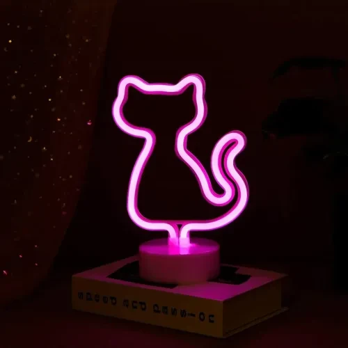 Neon Kedi Masa Gece Lambası Pembe Işık - Resim 3