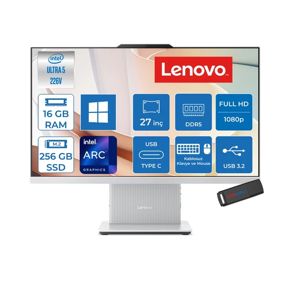 Lenovo Ideacentre Aıo 24ILL11 Intel Core Ultra 5 226V Up 4.5ghz 16GB Ddr5 256GB SSD Arc™ Graphics 130V 23.8" Fhd IPS 100Hz Anti-Glare, 99% Srgb WIN11H Alınone Bilgisayar F0JY0019TRH01+ZETTAUSBBELLEK ürün görseli 1