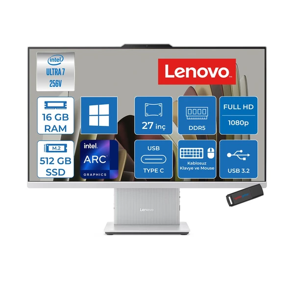 Lenovo Ideacentre Aıo 27ILL11 Intel Core Ultra 7 256V Up 4.8ghz 16GB Ddr5 512GB SSD Arc™ Graphics 140V 27" Fhd IPS 300NITS Anti-Glare, 99% Srgb W11P Allınone Bilgisayar F0JW0010TRP02+ZETTAUSBBELLEK ürün görseli 1