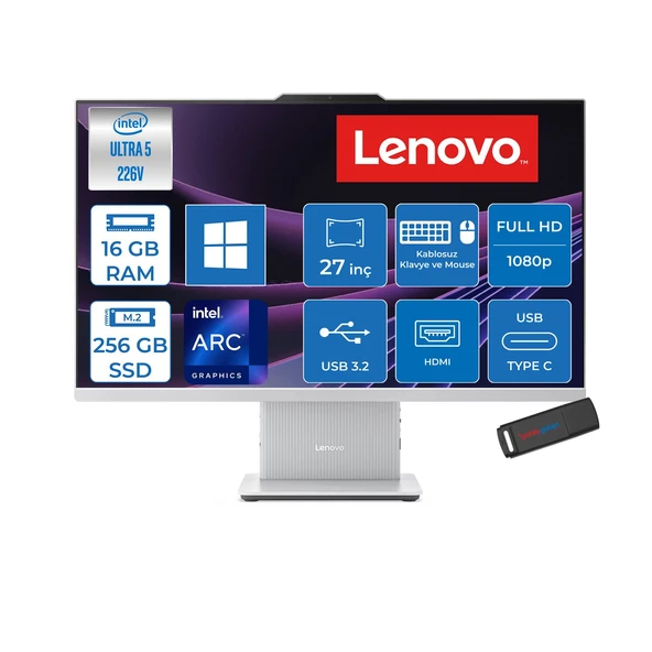 Lenovo Ideacentre Aıo 27ILL11 Intel Core Ultra 5 226V Up 4,5ghz 16GB Ddr5 256GB SSD Arc™ Graphics 130V 27" Fhd IPS 300NITS Anti-Glare, 99% Srgb W11P Allınone Bilgisayar F0JW000HTRP01+ZETTAUSBBELLEK ürün görseli 1