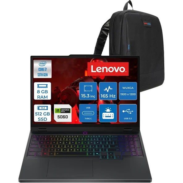 Lenovo Legion 5 Intel Core I7 13650HX 8gb 512GB SSD 8GB/RTX5060/115W 15.3" Wuxga IPS 100% Srgb 165Hz Freedos Gaming Bilgisayar 83LY00B7TRF59 + Zettaçanta ürün görseli 1