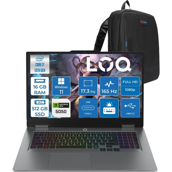 Lenovo Loq 17IRX10 Intel Core I7 13650HX 16GB Ddr5 512GB SSD RTX5050 8gb 115W Windows 11 Home 17.3 Inç Fhd (1920X1080) IPS 300NITS 165HZ 100% Srgb Taşınabilir Bilgisayar W83JH006CTRH01 + Zetta Çanta ürün görseli 1