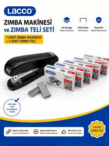 LACCO Zımba Makinesi Seti 24/6 Zımba Makinesi 5 Kutu Zımba Teli Toplam 5000 Adet Dayanıklı Metal Ofis Okul Ev Kullanımı ürün görseli 1