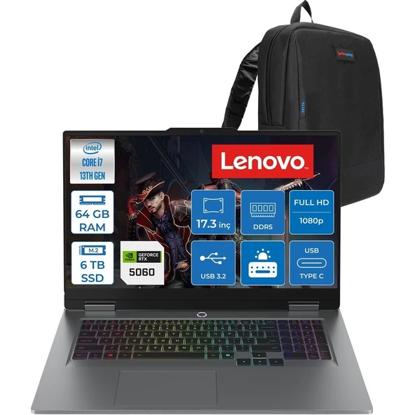 Lenovo Loq 17IRX10 Intel Core I7 13650HX 64GB Ddr5 6tb SSD RTX5060 8gb 115W Freedos 17.3 Inç Fhd (1920X1080) IPS 300NITS 165HZ 100% Srgb Taşınabilir Bilgisayar W83JH006ETRF35 + Zetta Çanta ürün görseli 1