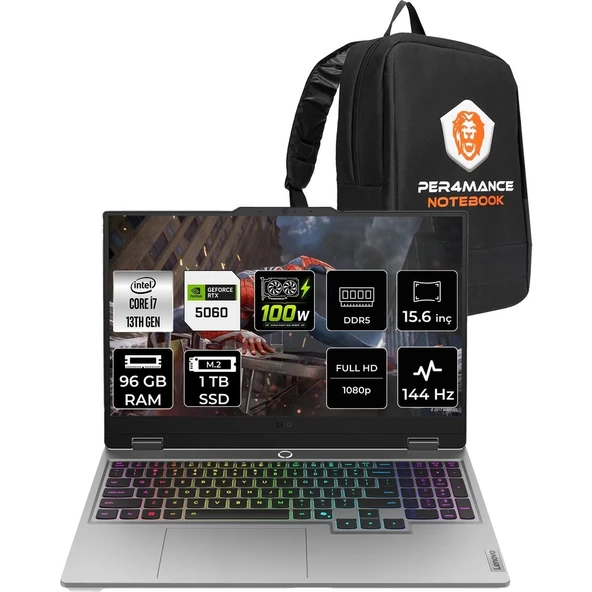 Lenovo Loq 15IRX10 Intel Core I7 13645HX Rtx 5060 8gb 100W 96GB Ram 1tb SSD 15.6" Fhd (1920X1080) IPS 300NITS 144Hz Freedos 83JE01BETRP351 Gaming Laptop + Per4 Çanta ürün görseli 1