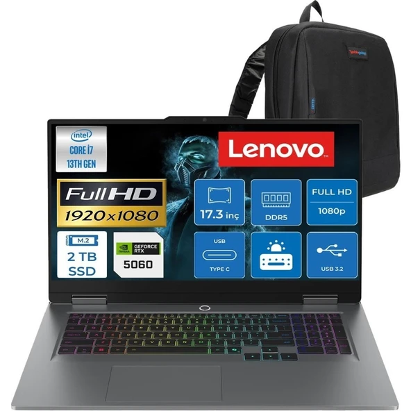 Lenovo Loq 17IRX10 Intel Core I7 13700HX 16GB Ddr5 2 Tb SSD RTX5060 8gb 115W WINDOWS11 17.3 Inç Fhd (1920X1080) IPS 300NITS 165HZ 100% Srgb Taşınabilir Bilgisayar W83JH00BQTRF01 + Cimete Çanta ürün görseli 1
