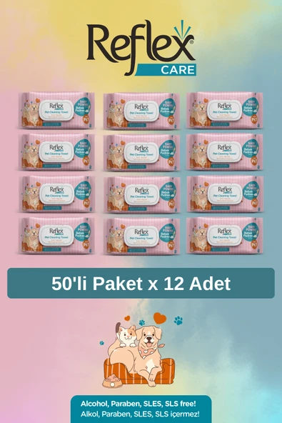 Reflex Care Evcil Hayvanlar İçin Çok Amaçlı Hijyenik Temizleme Mendili 50'li x 12 Adet ürün görseli 1